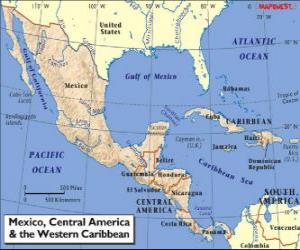 Puzzle Χάρτης του Μεξικού και Κεντρικής Αμερικής. Κεντρική Αμερική, υποήπειρο σύνδεση Βόρεια Αμερική και Νότια Αμερική